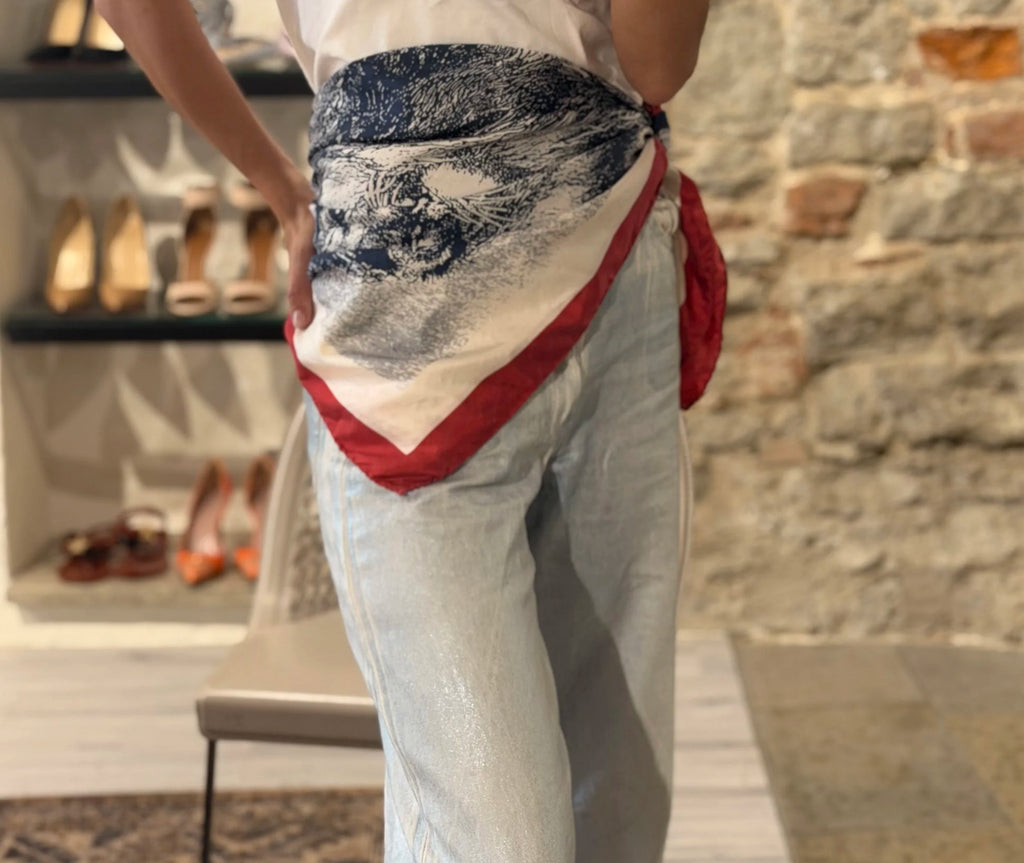 Revillon Paris silk scarf, cream, navy and red, view 2
